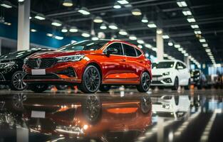 trendy bright auto show A large number of brand-new automobiles are parked in the car dealers' warehouse, which has a contemporary design and mirrors. AI Generative photo