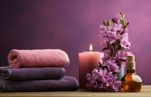 On a purple background, a pink candle, towel with flowers, and a bottle set the scene for a spa experience. AI Generative photo