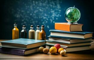 libros en el mesa en contra un fondo de pizarra gráficos y cartas representando crecimiento y caer. colegio de negocio educación. ai generativo foto