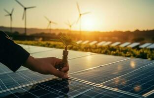 el Generacion de sostenible verde energía utilizando solar energía panel fotovoltaica células y viento turbina granjas es un simpático empresa. concepto de limpio, sostenible desarrollo. ai generativo foto