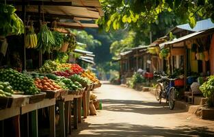 The street of organic food markets. Marketplace stalls selling fruits and vegetables. AI Generative photo