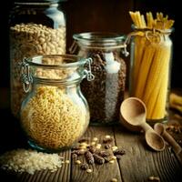 An assortment of uncooked grains, cereals, and pasta are arranged in glass jars on a wooden table, promoting healthy cooking and clean eating while reducing waste. AI Generative photo