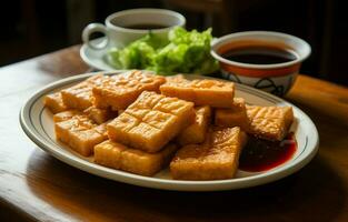 Fried stinky tofu served with pickled vegetables and sauce. Over a dish, served on plastic. AI Generative photo