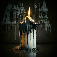 white wax candle burning dripping, flowing in black or dark light fire burn old building background. AI Generative photo