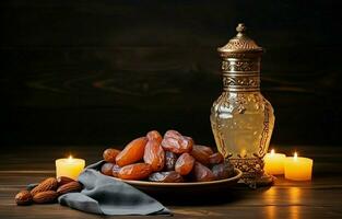 Tabletop image of Ramadan Kareem decoration, dates fruit, Aladdin lamp, and rosary beads on dark stone background. Copy space in a flat lay. AI Generative photo