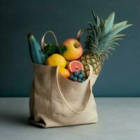 Respetuoso del medio ambiente reutilizable compras bolso con Fresco orgánico tropical Fruta en un gris pared antecedentes. promoviendo un cero desperdicio estilo de vida con crudo sano comida y un vegetariano dieta. ai generativo foto