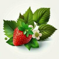 Strawberry with leaves white background fruit healthy fresh green leaves red. AI Generative photo