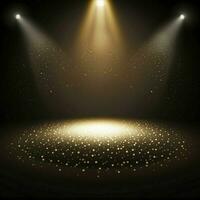 Golden spotlights illuminate a dark stage floor, perfect for a backdrop or mock-up for a star performer at a gala or nightclub. AI Generative photo