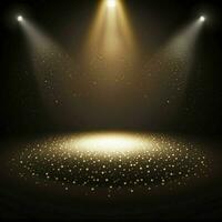 Golden spotlights illuminate a dark stage floor, perfect for a backdrop or mock-up for a star performer at a gala or nightclub. AI Generative photo