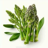 On a white background, there is a bunch of fresh, healthy green asparagus with green leaves attached. AI Generative photo