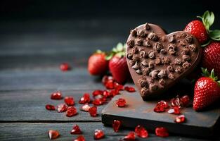 For valentine's day or another holiday, create a web banner using homemade milk chocolate with nuts and dried strawberries. Chocolate on a wooden cutboard on a gray kitchen table. AI Generative photo