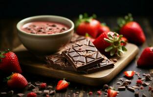 For valentine's day or another holiday, create a web banner using homemade milk chocolate with nuts and dried strawberries. Chocolate on a wooden cutboard on a gray kitchen table. AI Generative photo