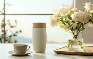 Coffee maker, and a cup of coffee on a modern white kitchen tabletop, countertop with copy space. This is set against a blurred backdrop of a modern, elegant, bright kitchen. AI Generative photo