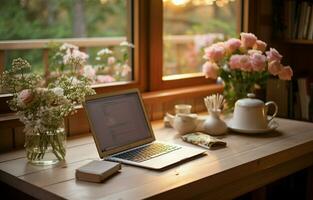 Home office desk made of wood with an alarm clock, a flower vase, a laptop, and books. AI Generative photo