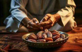 A Middle Eastern man is praying during Ramadan. He eats dates and drinks water. AI Generative photo