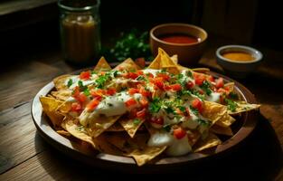 The warm, gooey cheese and tangy tomato sauce are the perfect combination. I love having snacks while I work, and these nachos hit the spot. AI Generative photo