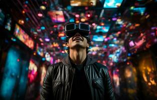 On a gloomy background, a young man is wearing virtual reality glasses. Virtual reality, smartphone use, and notion of future technology. AI Generative photo