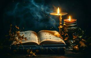 Old open book and burning candle in a candlestick against a smoky, dark background. Halloween idea. AI Generative photo