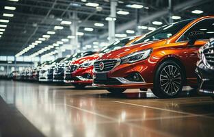 trendy bright auto show A large number of brand-new automobiles are parked in the car dealers' warehouse, which has a contemporary design and mirrors. AI Generative photo