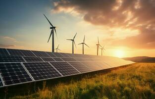 The generation of sustainable green energy using solar energy panel photovoltaic cells and wind turbine farms is a friendly enterprise. Concept of clean, sustainable development. AI Generative photo