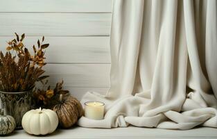 White pumpkins, a sweater, a candle, and natural decor create a cozy fall corner border. Aerial perspective on a rustic white wood banner background. AI Generative photo