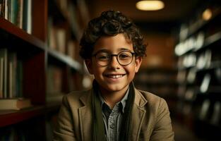 A Hispanic boy wearing glasses stands beside a bookshelf while reading a book for his class assignment and exam preparations in a university library. Low angle portrait. AI Generative photo