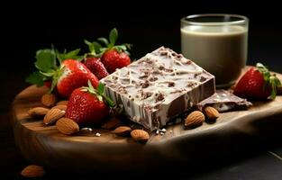 For valentine's day or another holiday, create a web banner using homemade milk chocolate with nuts and dried strawberries. Chocolate on a wooden cutboard on a gray kitchen table. AI Generative photo