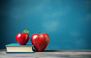 el concepto de del maestro día. en el mesa son plumas, un manzana, lápices, libros, y lentes. Copiar espacio, espalda a escuela. ai generativo foto