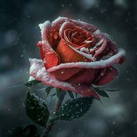 Black rose, clean background, the rose portrait close up snowing beautiful petal loves dont like. AI Generative photo