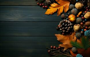 Colorful fall leaves, nuts and pine cones. Corner border over a rustic dark background. Copy space. AI Generative photo