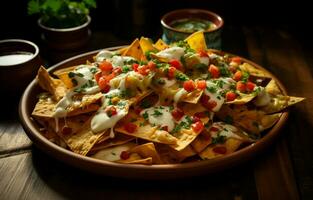 The warm, gooey cheese and tangy tomato sauce are the perfect combination. I love having snacks while I work, and these nachos hit the spot. AI Generative photo