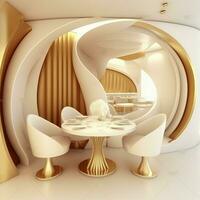 Render of restaurant reception, golden colors, luxury travel vacation guests apartment free time beautiful building interior hallway architecture furniture bright. AI Generative photo