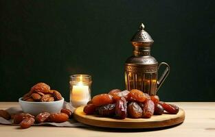 Tabletop image of Ramadan Kareem decoration, dates fruit, Aladdin lamp, and rosary beads on dark stone background. Copy space in a flat lay. AI Generative photo