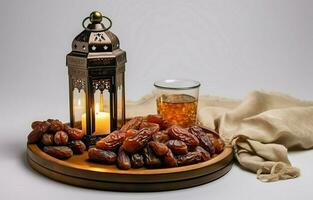 Tabletop image of Ramadan Kareem decoration, dates fruit, Aladdin lamp, and rosary beads on dark stone background. Copy space in a flat lay. AI Generative photo