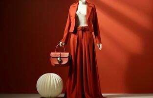 moderno mujer atuendo consistente de un rojo chaqueta, pantalones, y un blanco geométrico bolsa. ai generativo foto