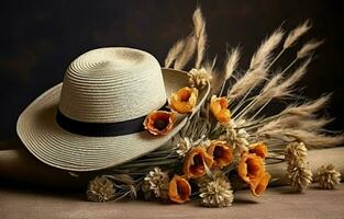 Poppy seed pods on a straw hat with a brim. Dried flowers for home decoration and floristics. AI Generative photo