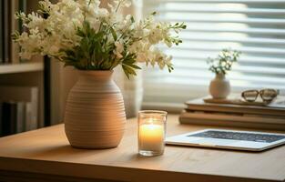 Home office desk made of wood with an alarm clock, a flower vase, a laptop, and books. AI Generative photo