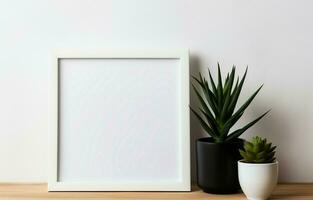 Create a mockup of a black square frame with home decor and potted plants. The shelf and the wall are both white. Copy space. AI Generative photo