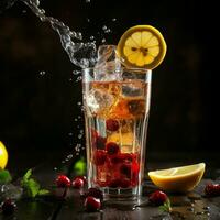Tea with cranberries and lemon. Lemon and cranberries are dropped into the glass. Spray. AI Generative photo