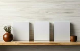 Notebooks on a wooden shelf against a white wall banner background. Make a copy of the space. AI Generative photo