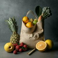 Eco-friendly reusable shopping bag with fresh organic tropical fruit on a gray wall background. Promoting a zero-waste lifestyle with raw healthy food and a vegetarian diet. AI Generative photo