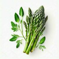 On a white background, there is a bunch of fresh, healthy green asparagus with green leaves attached. AI Generative photo