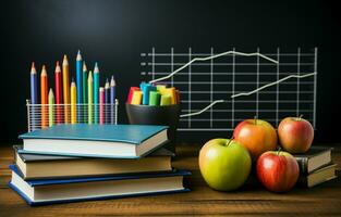 Books on the table against a backdrop of chalkboard graphs and charts depicting growth and fall. School of business education. AI Generative photo