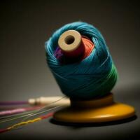 hilo y aguja de cerca ver color hilo, destreza, artesanía de coser, bobina, hilado. ai generativo foto