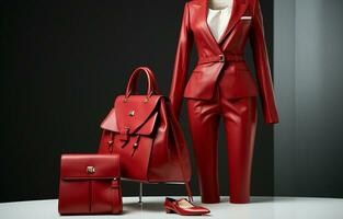 Modern woman's attire consisting of a red jacket, trousers, and a white geometric bag. AI Generative photo