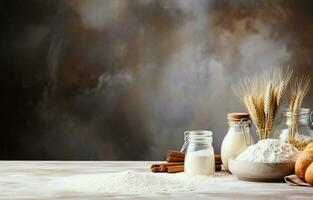 Baking background. Cooking ingredients for dough, eggs, flour, sugar, butter, rolling pin on white style kitchen. AI Generative photo