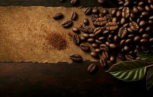 This is an image of fragrant coffee beans on a rustic tabletop background. There is ample copy space available for a banner. AI Generative photo