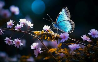 hermosa mariposa con púrpura y azul matices perchas delicadamente en un vibrante anémona bosque flor. ai generativo foto