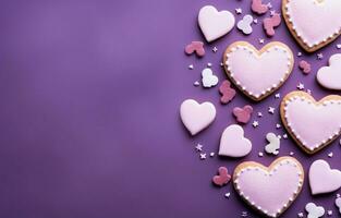 purple background, including one in the shape of a love letter, are surrounded by small hearts. copy space for text or design and represents the concepts of Valentine's Day and romance. AI Generative photo