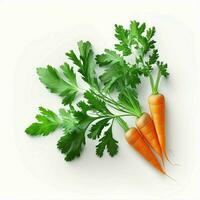 Fresh and healthy carrots with green leaves on a white background. The green leaves add a touch of freshness to these nutritious fruits. AI Generative photo